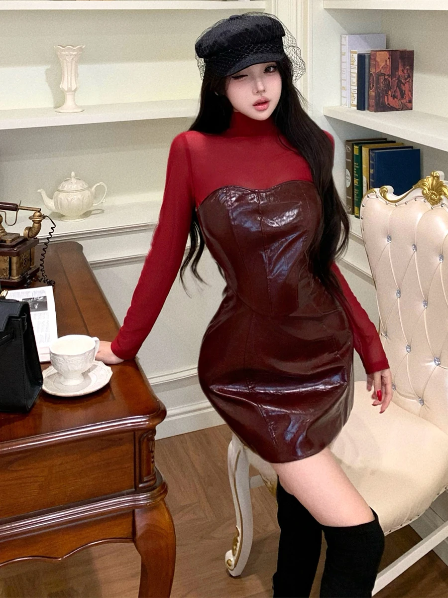 American Style Sexy Mesh Leather Waist-Cinching Top And Skirt Set High Collar Long Sleeve Fashionable Ensemble for Women