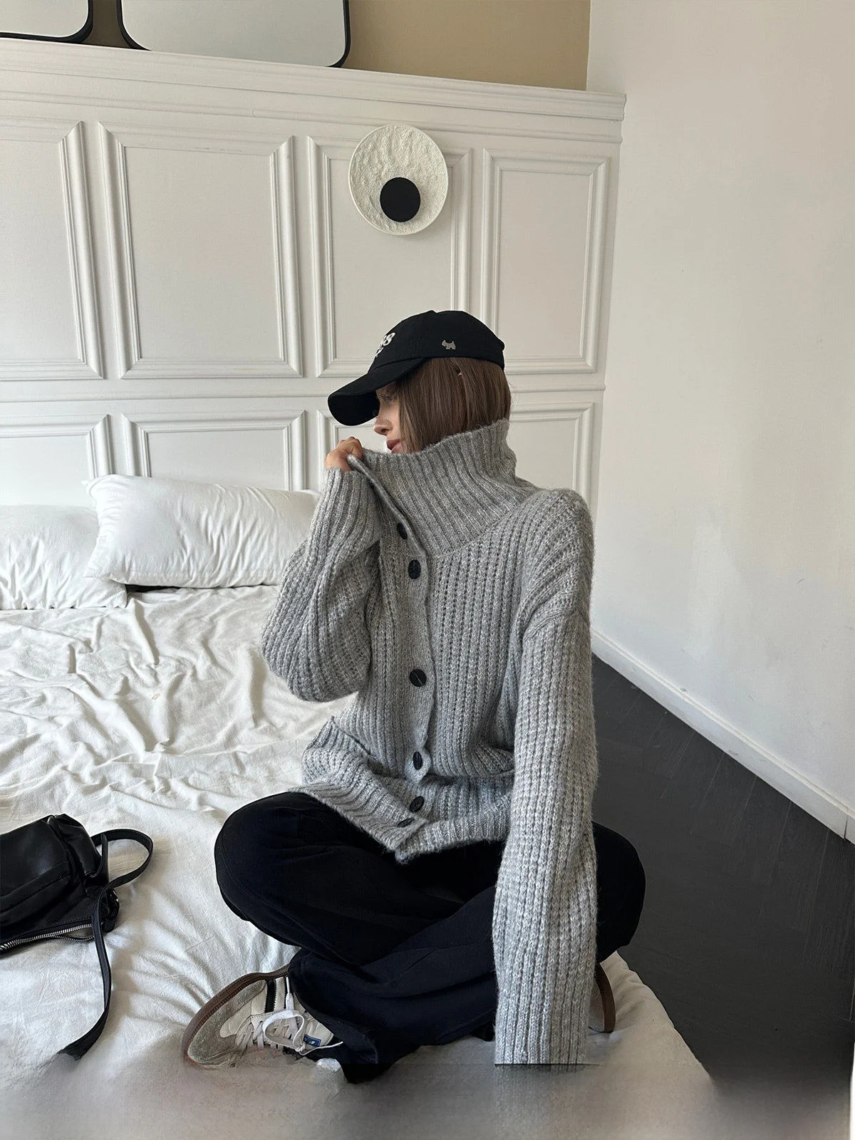 

GOGOBURN ey High Collar Knitted Sweater Coat Women's Loose Fit Thiened Autumn Winter Open Cardigan Casual Sle