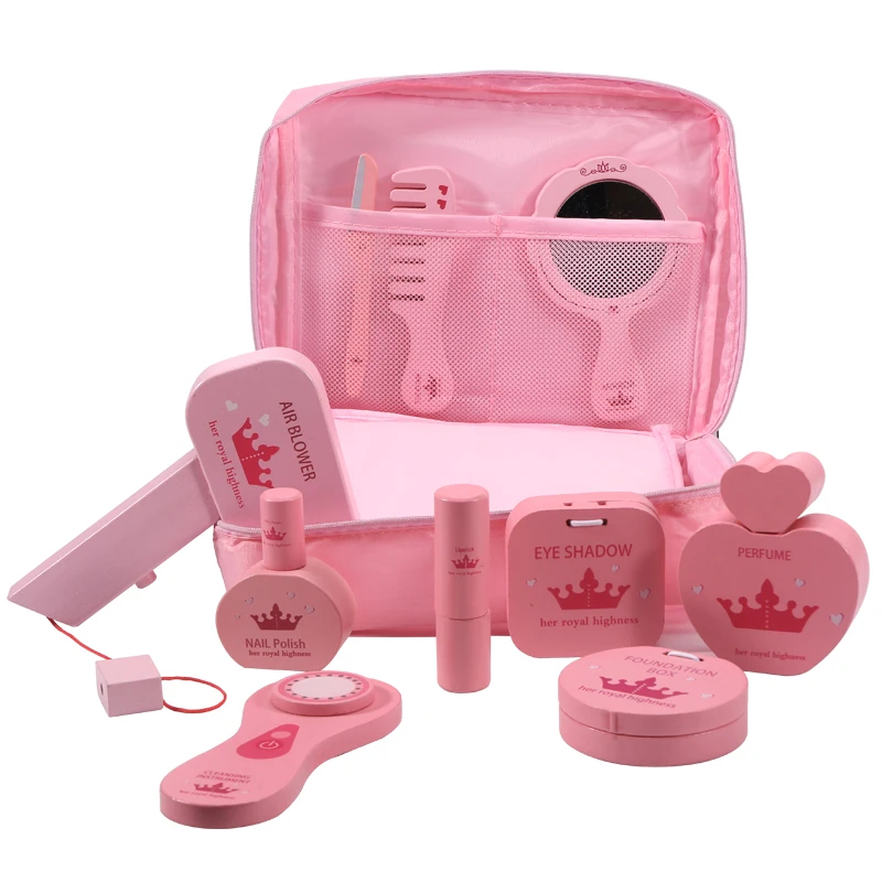 Wooden Simulation Girl Makeup Bag Set Play House Toy Kid Lifelike for Role Play with Cosmetic Bag Kit Children Play Girls Game