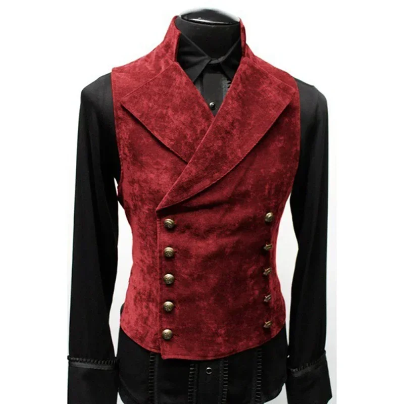 Mens Double Breasted Gothic Steampunk Velvet Vest Stand Collar Medieval Victorian Waistcoat Men Stage Cosplay Prom Costume