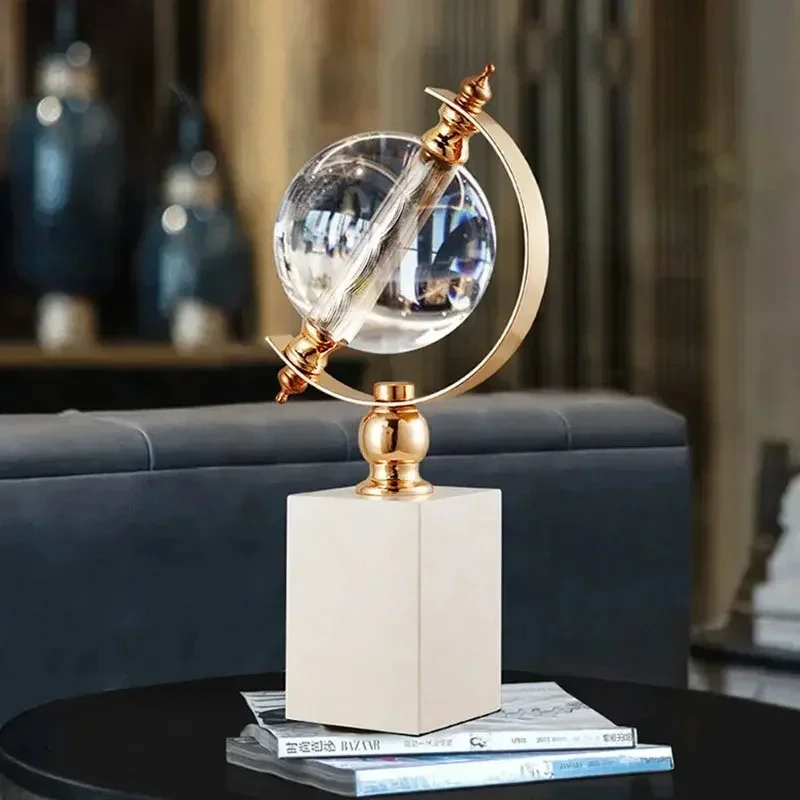 Gold-plated Globe Shape Crystal Ball Statue Marble Base Crafts Sculpture Desk Decoration Ornaments Room Aesthetics Decor Artwork