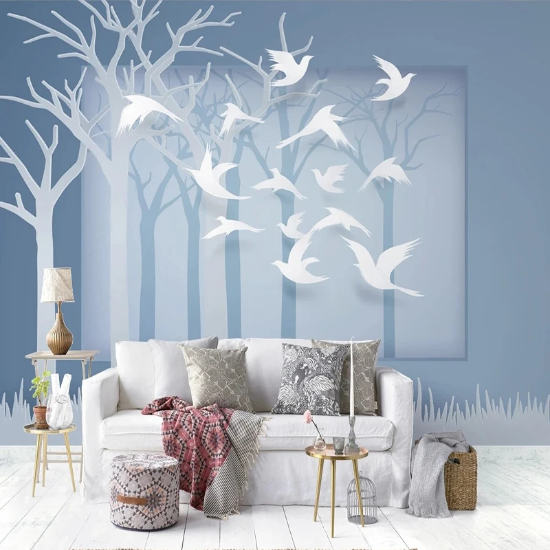 

Custom 3D Mural Abstract Forest White Flying Birds Wallpaper For Bedroom Walls House Decoration Papel De Parede 3D Sala Fresco