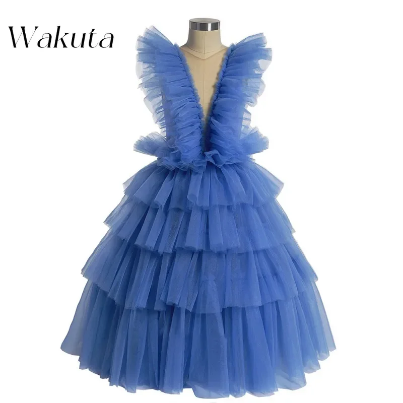 Wakuta Sexy V-neck Sleeveless Mesh Gowns فستان سهر Vintage Waisted Tiered Cute Chiffon Birthday Back To School Evening Dresses