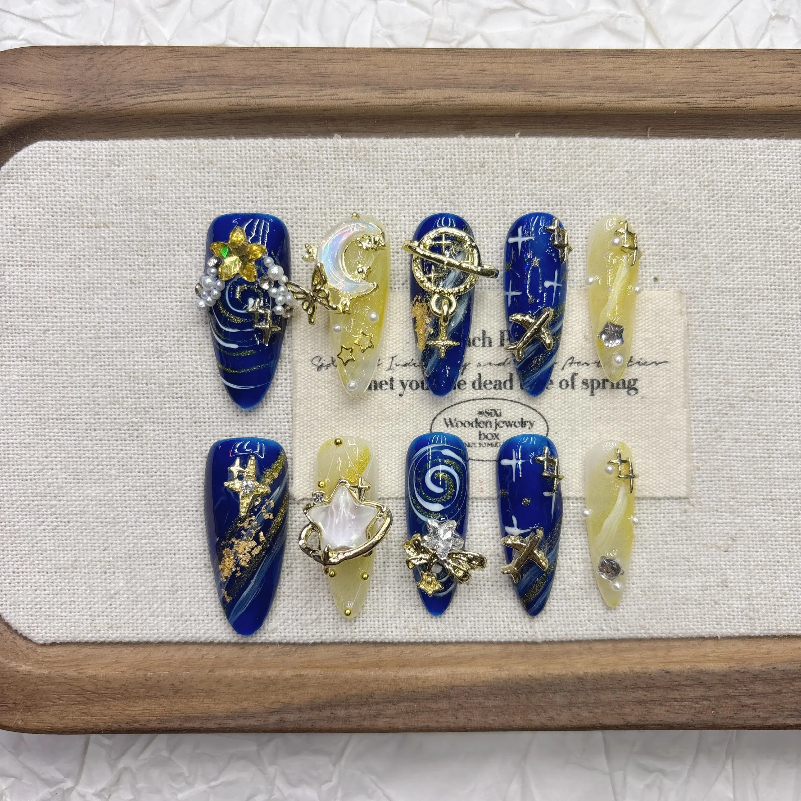 Universe Fantasy Nail Art Stickers with Stars Moon Spaceship Galaxy Design Blue Yellow SciFi Theme False Nails for Women Party