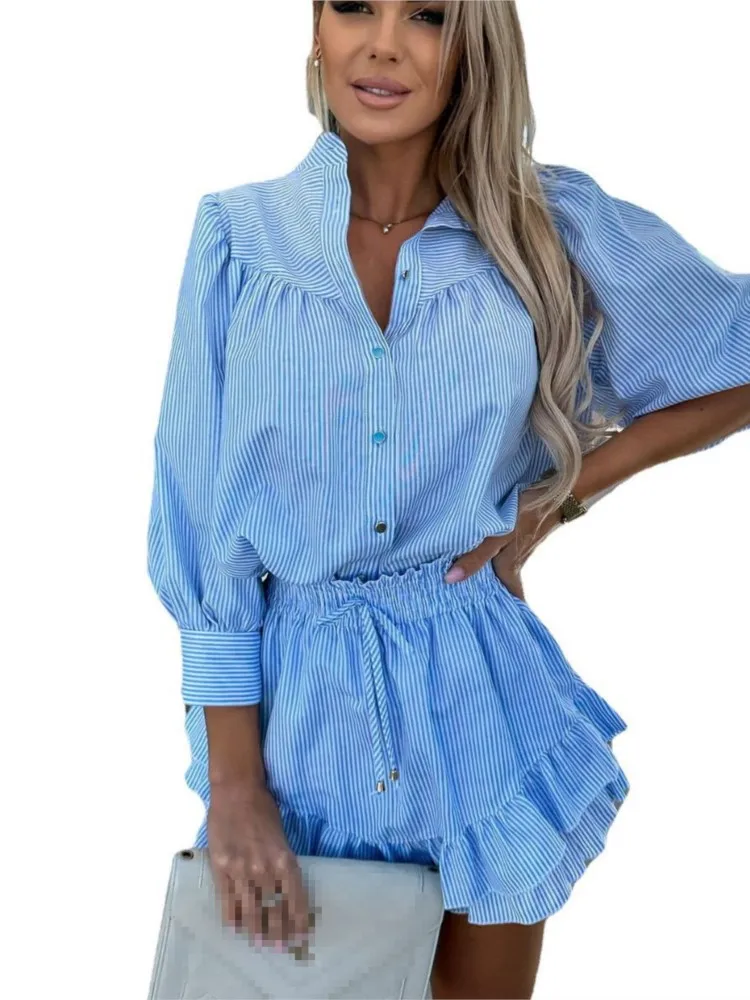 Summer New Striped Print 2 Pieces Sets Casual Lapel Long Sleeve Shirt + Ruffle Skirts Suit Women Fashion Holiday Female Outfits