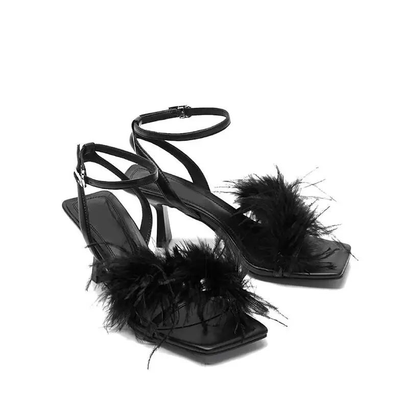 

Black Matte Leather Feather Decor Sandals Back Strap Open Toe Shoes for Women Thin High Heels Shoes 2023 Zapatos Para Mujere