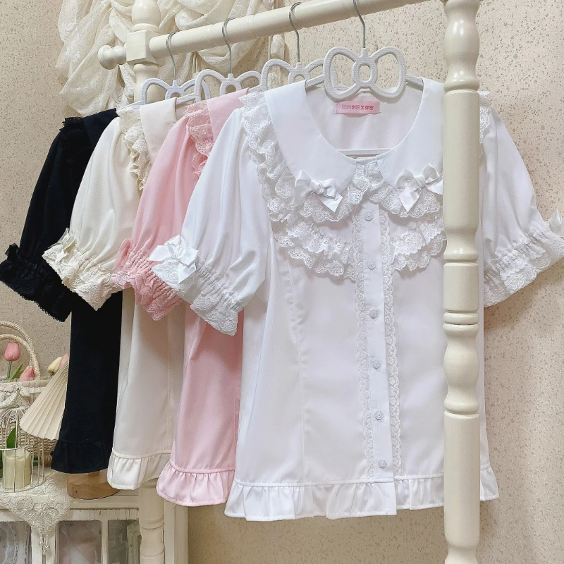 

Japanese Sweet Lolita Style Shirt Women Kawaii Cute Bow Lace Ruffes Peter Pan Collar Blouses Y2k Aesthetics Loose Princess Tops