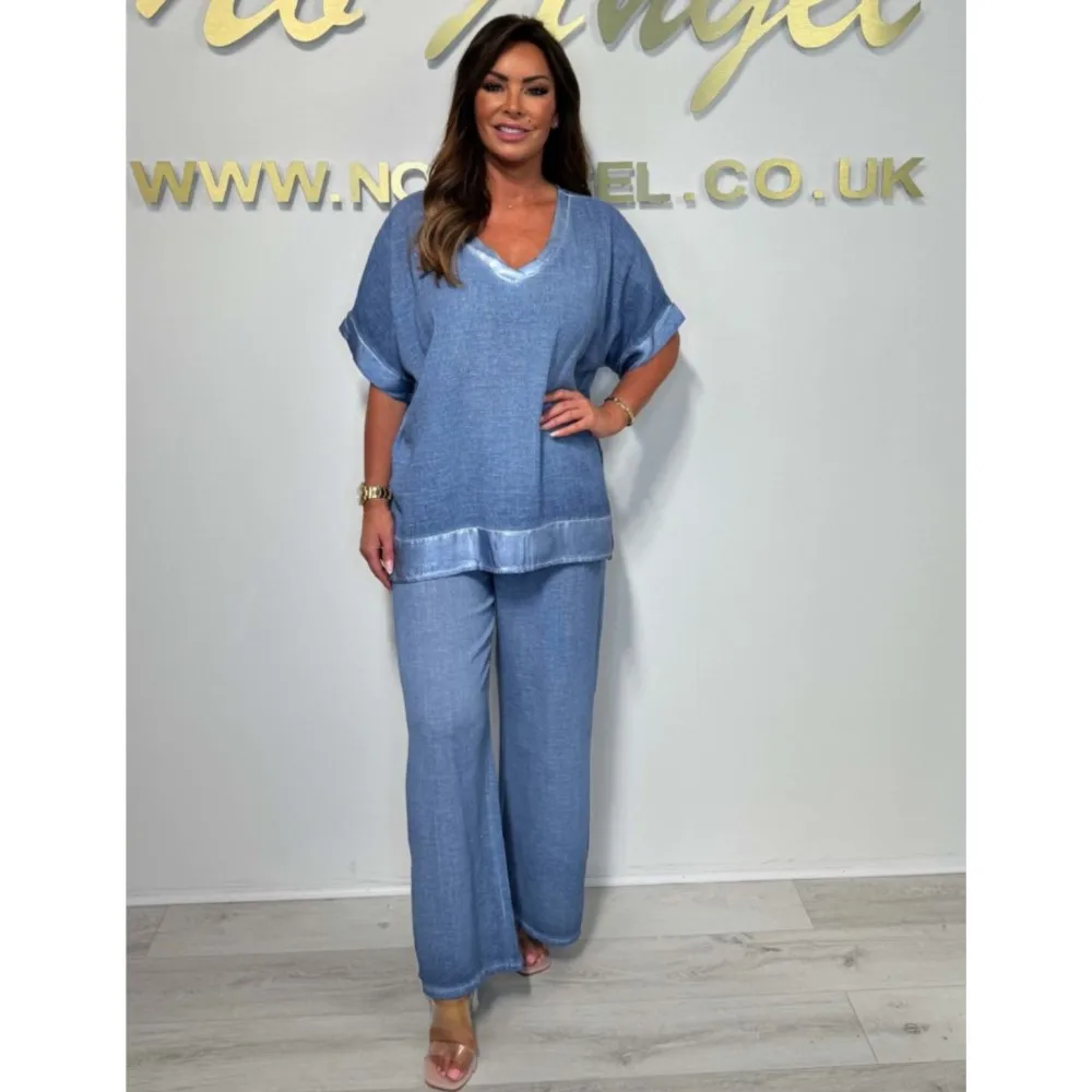 

Fashion Splicing V Neck Short-sleeved Top Loose Casual Wide-leg Pants 2 Piece Women's Summer Simple Office Vacation Pants Suit