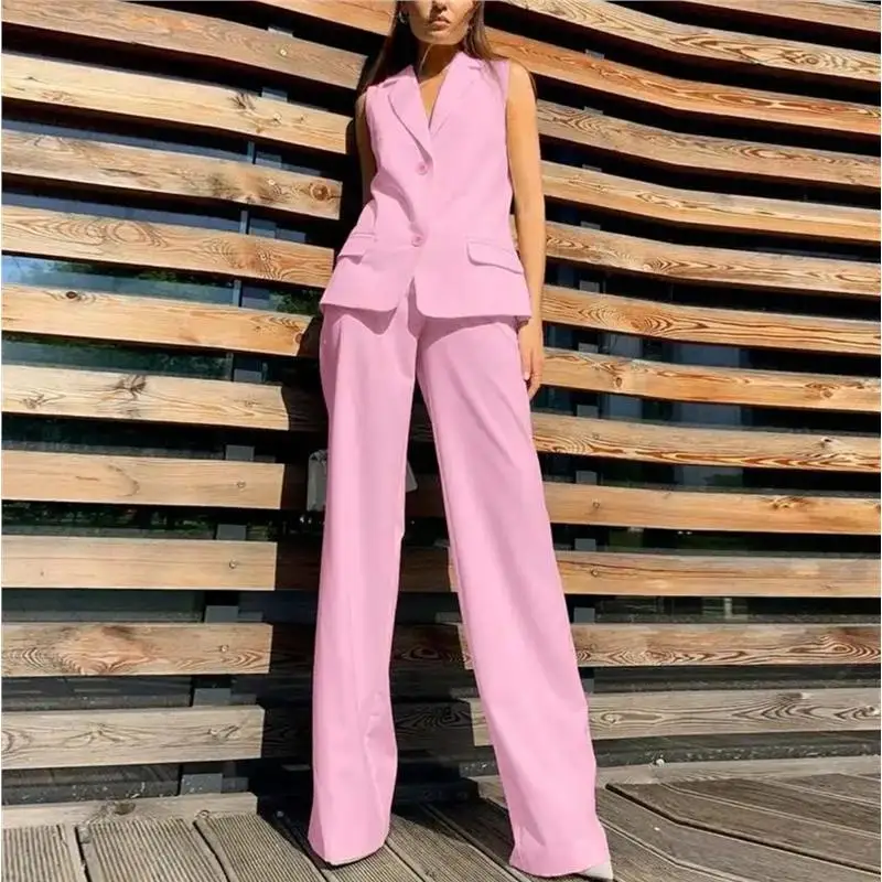 

Faionable 2025 Women's Suit Set with Collar Vest Wide Leg Pants Casual Outfit Tee Piece Ensemble Pure Color European Sle
