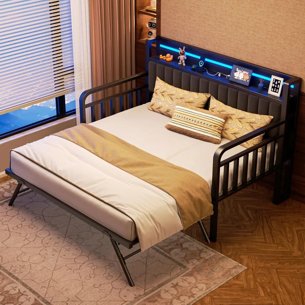 

LED Twin Size Bed Frame with Trundle, Heavy Duty Metal Twin Bed Frame with Upholstered Storage Headboard & Charging Station