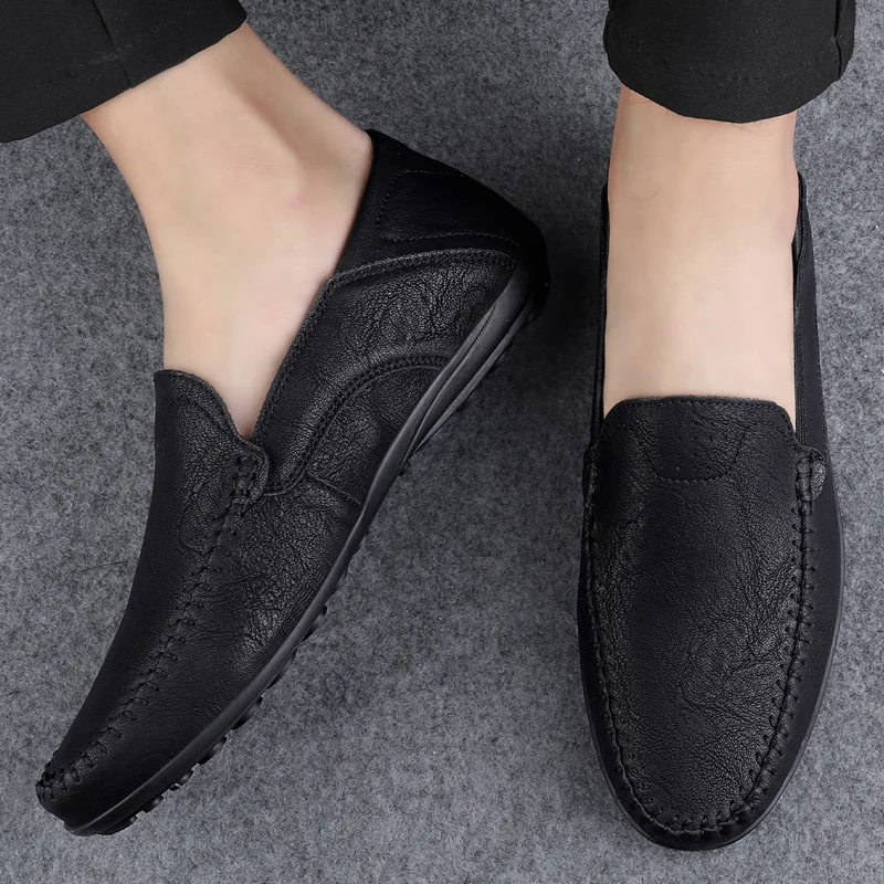Men's Shoes PU Solid Color Sewing Flat Heels New Fashion Comfortable Lightweight Men Shoes Large-size Lazy Slip on Single Shoes