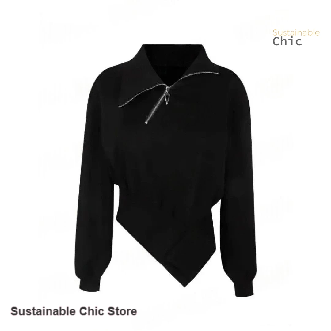 

Korean version of solid color irregular zipper long sleeve short turtleneck sweater women's autumn and winter new slim top