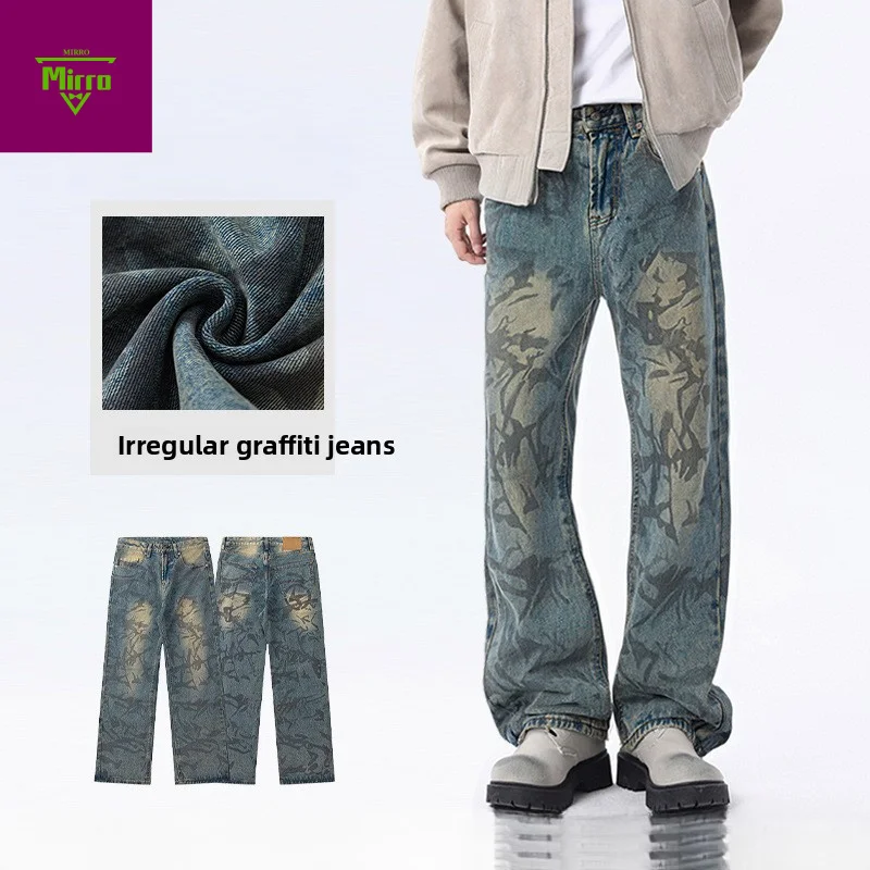 

【Mirrordust】American Retro Irregular Graffiti Jeans for Men, Autumn High Street Washed Vintage Loose Draped Straight Long Pants