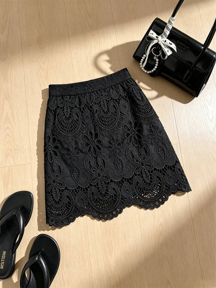 Retro Style High Waist Heavy Embroidery Lace Floral Half Skirt Women's Summer Pure Desire Wave  Short Skirt