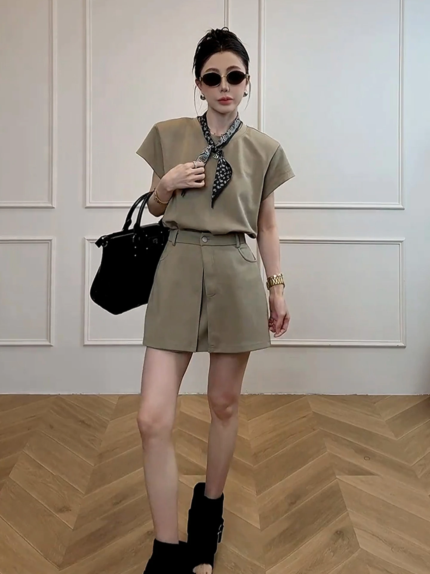 T-shirt Chic couleur kaki pour femmes, ensemble Dr, jupe trapèze taille haute, ort Sve, rond Ne Ci, adapté aux déplacements