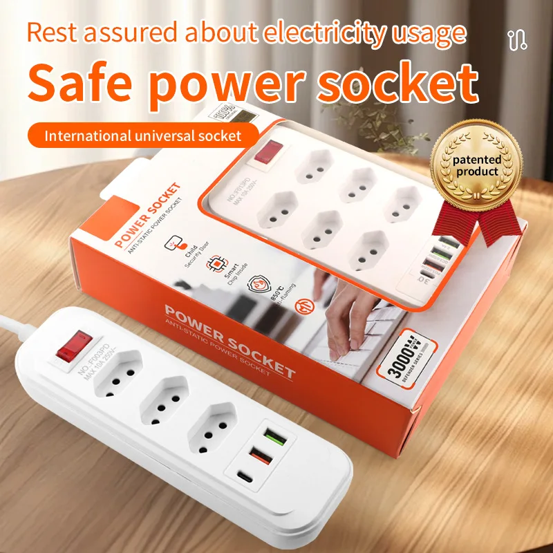 BR Power Strip Socket 15A 3000W 8 10 Outlets with Usb Type-c PD22W Extension Code Cable Office Home Brazilian Multi Smart Socket