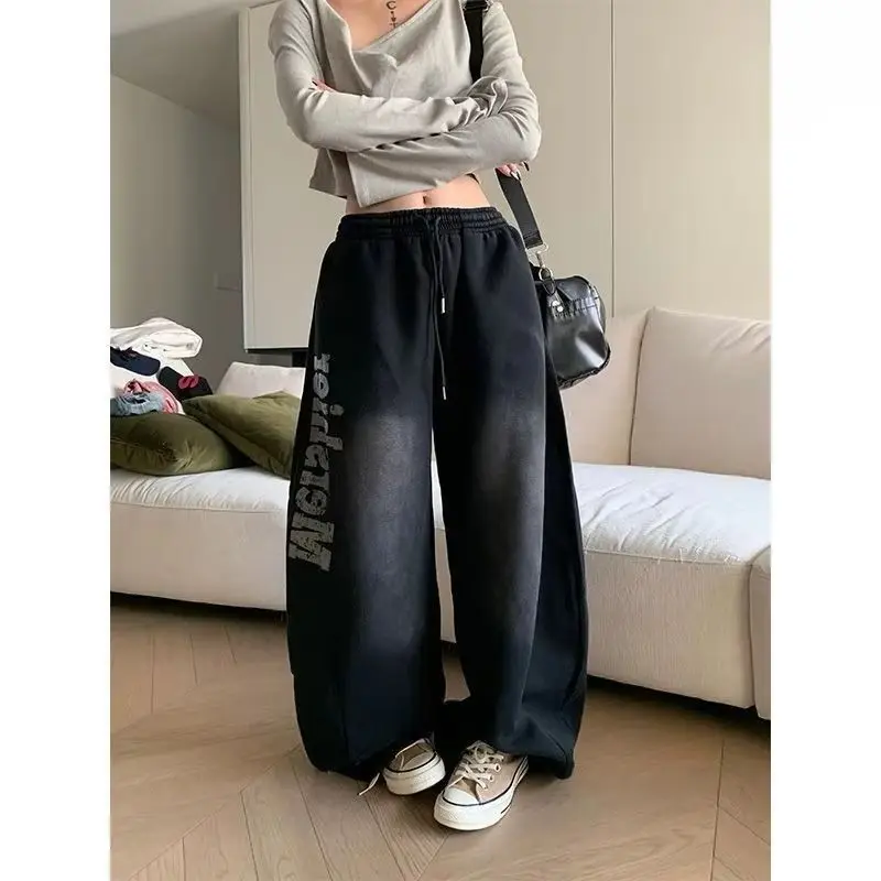 

American Style Distressed Letter Printed Elastic Waist Wide Leg Pants for Women Loose Casual Sweatpants Female Clothing