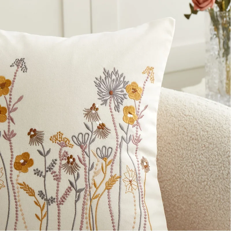 ‌ Funda de almohada bordada con flores rústicas, funda cojín poliéster limpia para decoración sala estar/dormitorio,