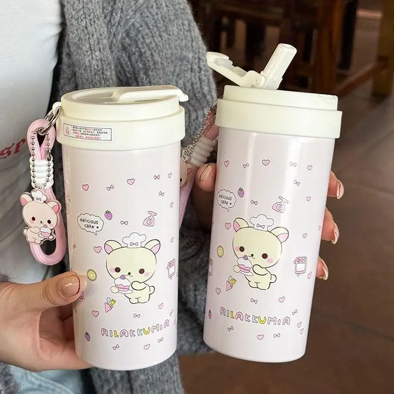 500Ml Cake Little Bear Print Korilakkuma Double Drink Coffee Cup with Lanyard Water Cup Fit Commuting Go To School Give A Gift