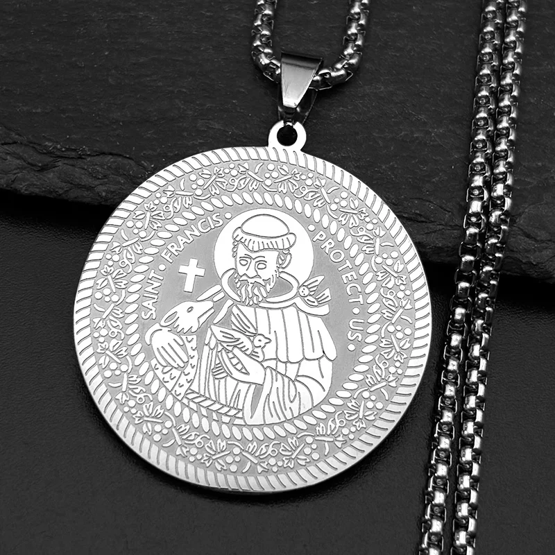 Catholic Saint Francis Protect Us Pendant Necklace for Women Men Stainless Steel Gold Color Animal Medal Chain Amulet Jewelry