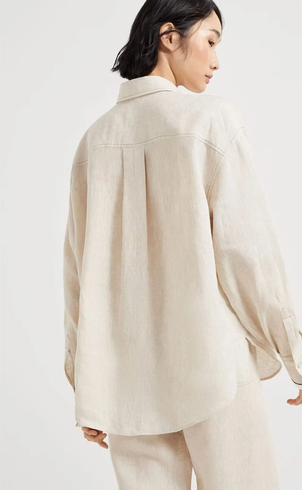 

Women Single Breasted Cuff Bead Decoration Loose Linen Shirt Top+ Elastic Waist Long Linen Pants Set