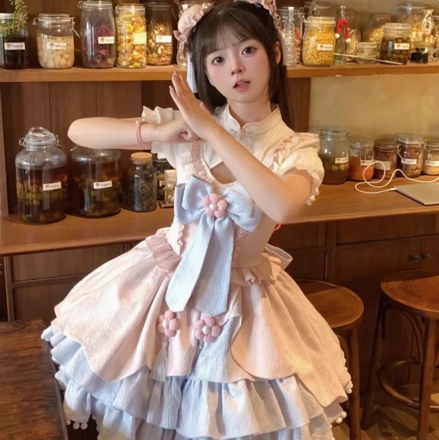 النمط الصيني لوري لو الوردي فستان بأكمام قصيرة المرأة اليابانية الحلو لطيف القوس كشكش حافة Kawaii فستان قصير الفتيات Y2k فساتين #6
