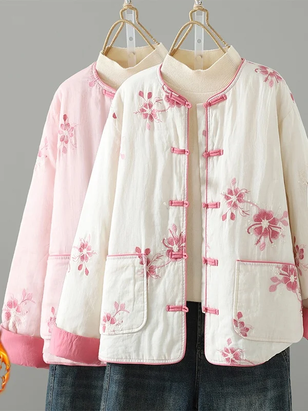 

New Chinese Sle Cotton Jaet Women's Autumn Winter New Artistic Retro Flax Embroidery Stand Collar Cotton Coat Button