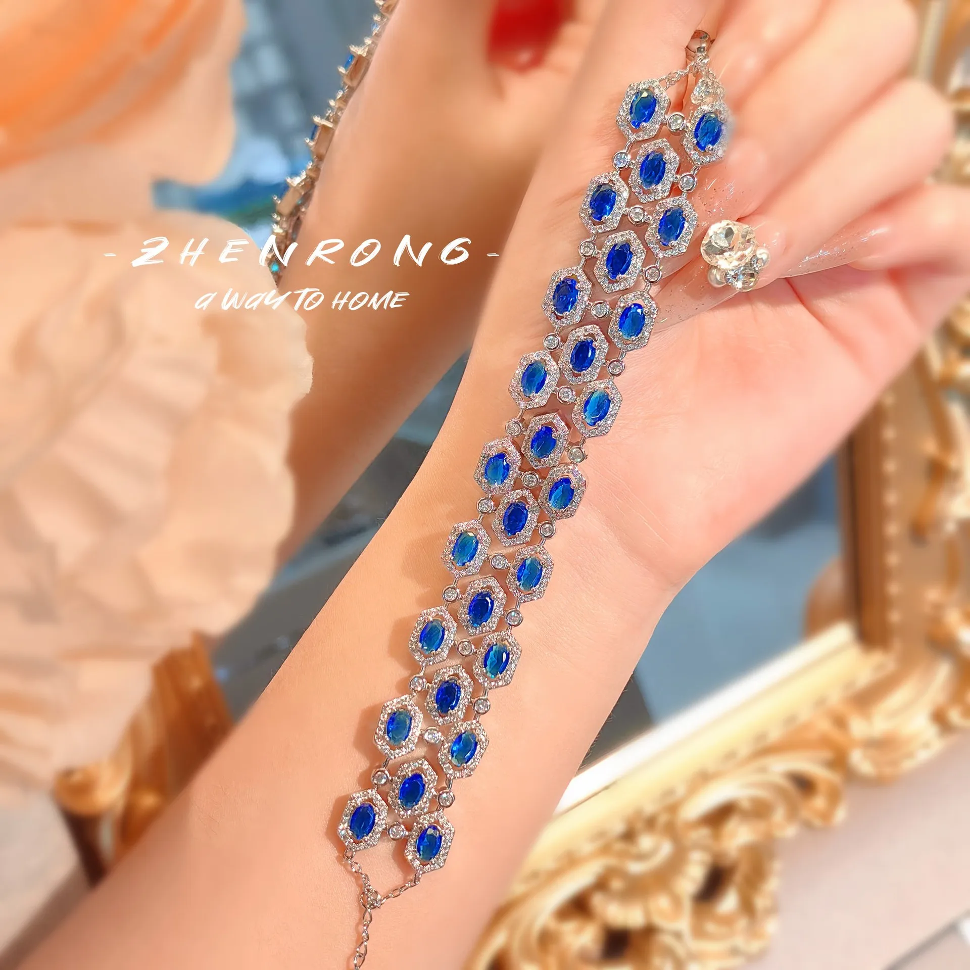 Luxury Jewelry Fashion White Gold Color Luxury White And Red/Royal Blue CZ Crystal Stone Big Bracelets Bangles For Women