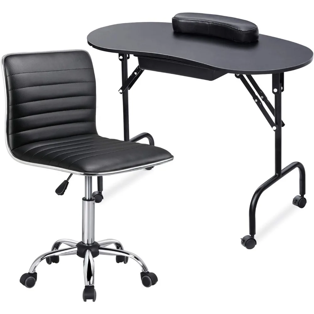 

Manicure Table Nail Desk Workstation for Spa Beauty Salon and Adjustable Low Back Armless Swivel Office Chair Black
