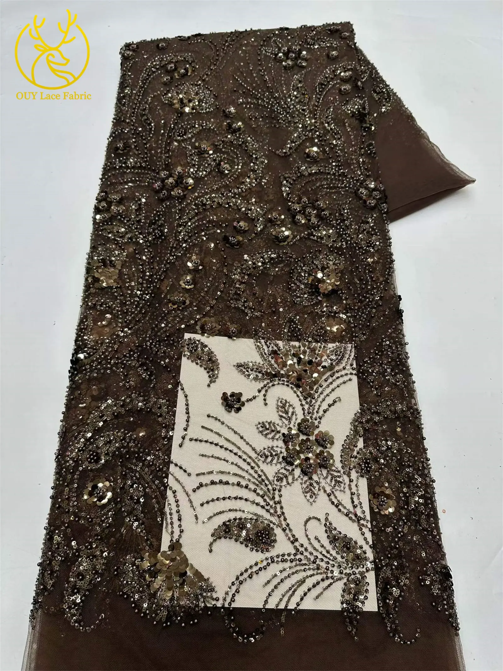 Eleganter 5-Yard-Paillettenstoff mit Kleinen Blumen, Afrikanischer Perlen-Pailletten-Spitzenstoff, Nigerianischer Luxuriöser Pailletten-Netzstoff für Kleider und Näharbeiten – Detail 22