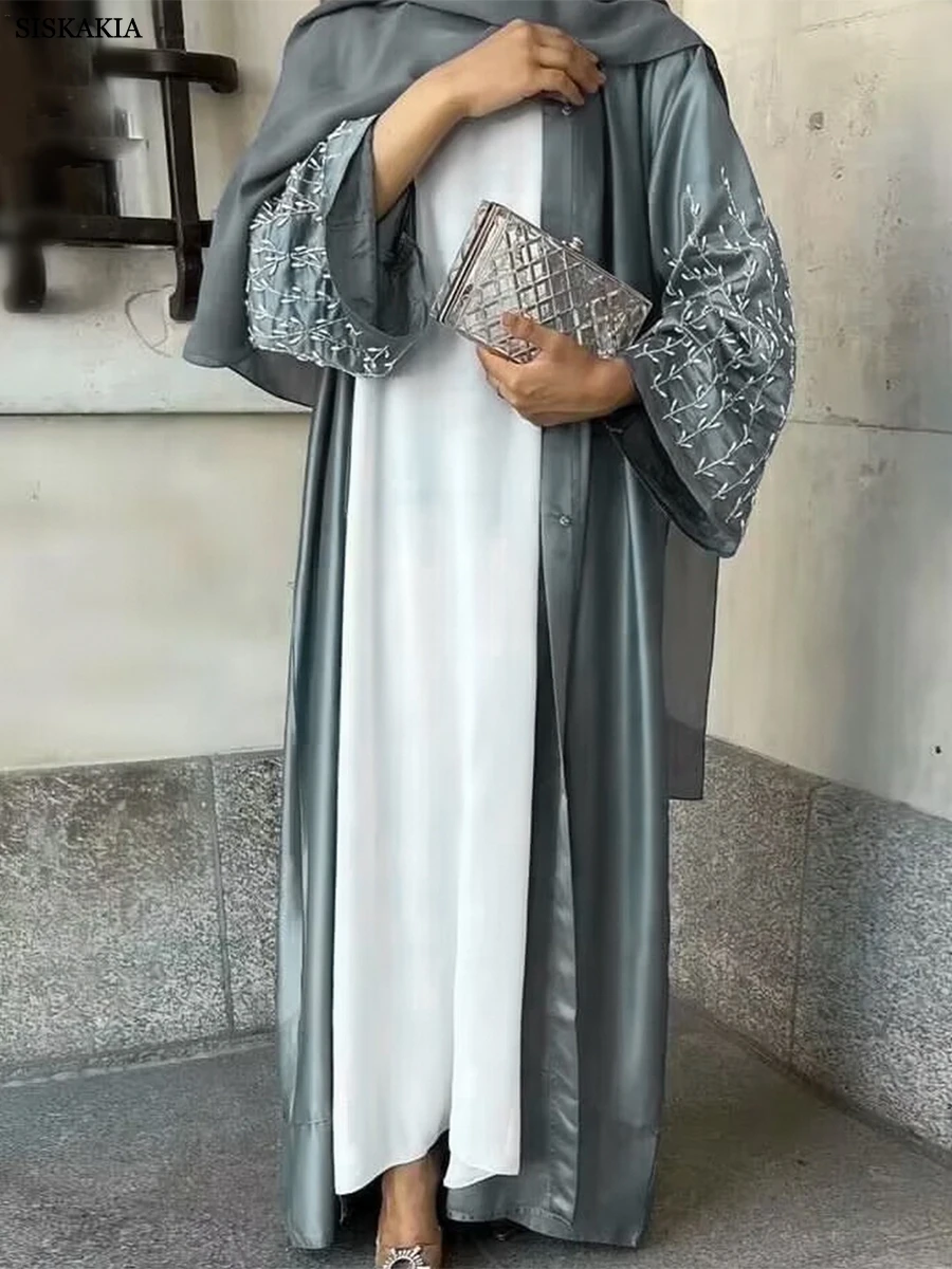 

Siskakia Solid Handwork Beaded Kimono Abaya for Women Daily Gatherings Modest Muslim Moroccan Kaftan Dubai Covered Button Robe