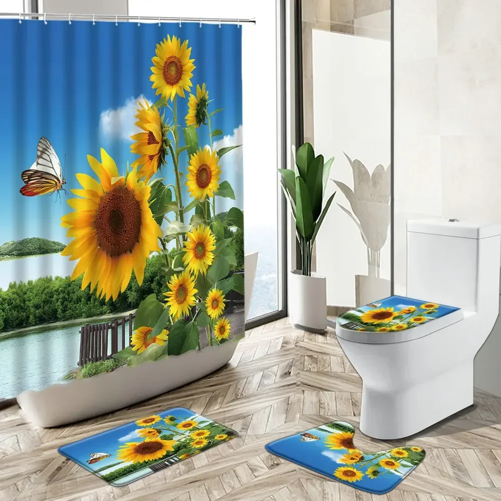 Sunflower Flower Pattern Shower Curtain Blue Sky White Clouds Summer Pastoral Creek Scenery Rug Toilet Cover Bathroom Deco Set