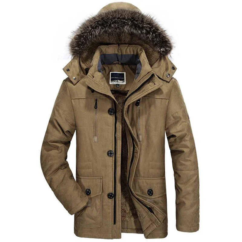Winter Jacket Men\'s Plus Size Cotton Padded Warm Parka Coat Casual Faux Fur Hooded Fleece Long Male Jacket Windbreaker