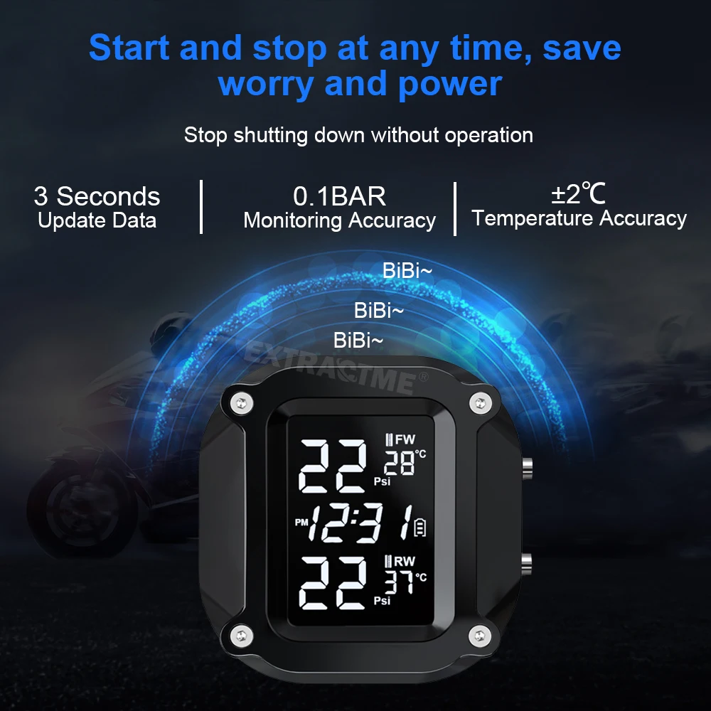 Extractme Wireless TPMS Motorcycle Tyre Temperature Alarm Sensor USB Charging LCD Display Tire Pressure Monitoring System