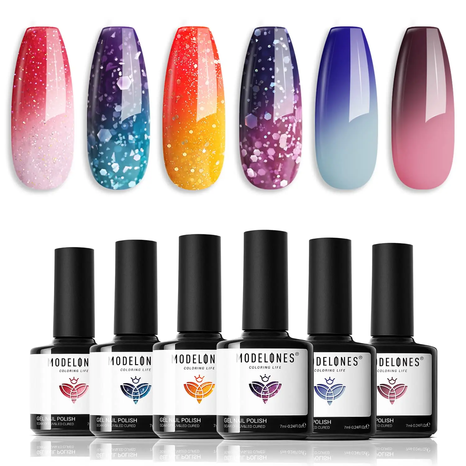 

modelones Color Changing Gel Nail Polish Set, 6 Colors 2026 Red Pink Glitter Blue Purple Mood Temperature Change