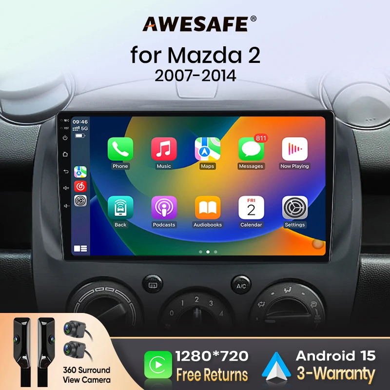 AWESAFE CarPlay sans fil Android Auto pour Mazda 2 2007-2014 Autoradio Lecteur multimédia Stéréo Wi-Fi Navigation GPS 2 Din Autoradio Systèmes intelligents pour voiture 1280*720 IPS Unité principale FM RDS DSP SWC BT Plug and Play ISO