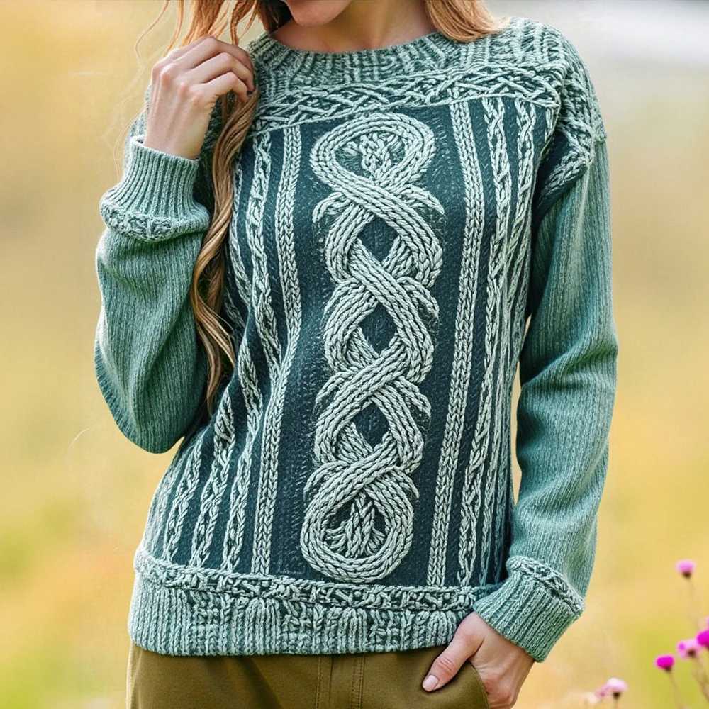 

Women's Cable Printed Vintage sweatshirt Long Sleeves With Celtic Knot Design Cozy Fall Winter Casual & Outdoor Wear