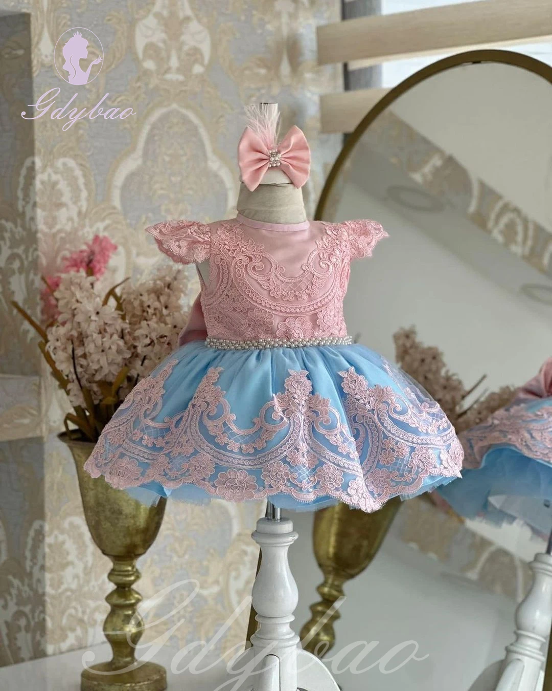 Vestido de encaje de tul rosa para niña, apliques de cuentas hinchadas con lazo, fiesta de cumpleaños para niños, vestidos de baile de primera comunión