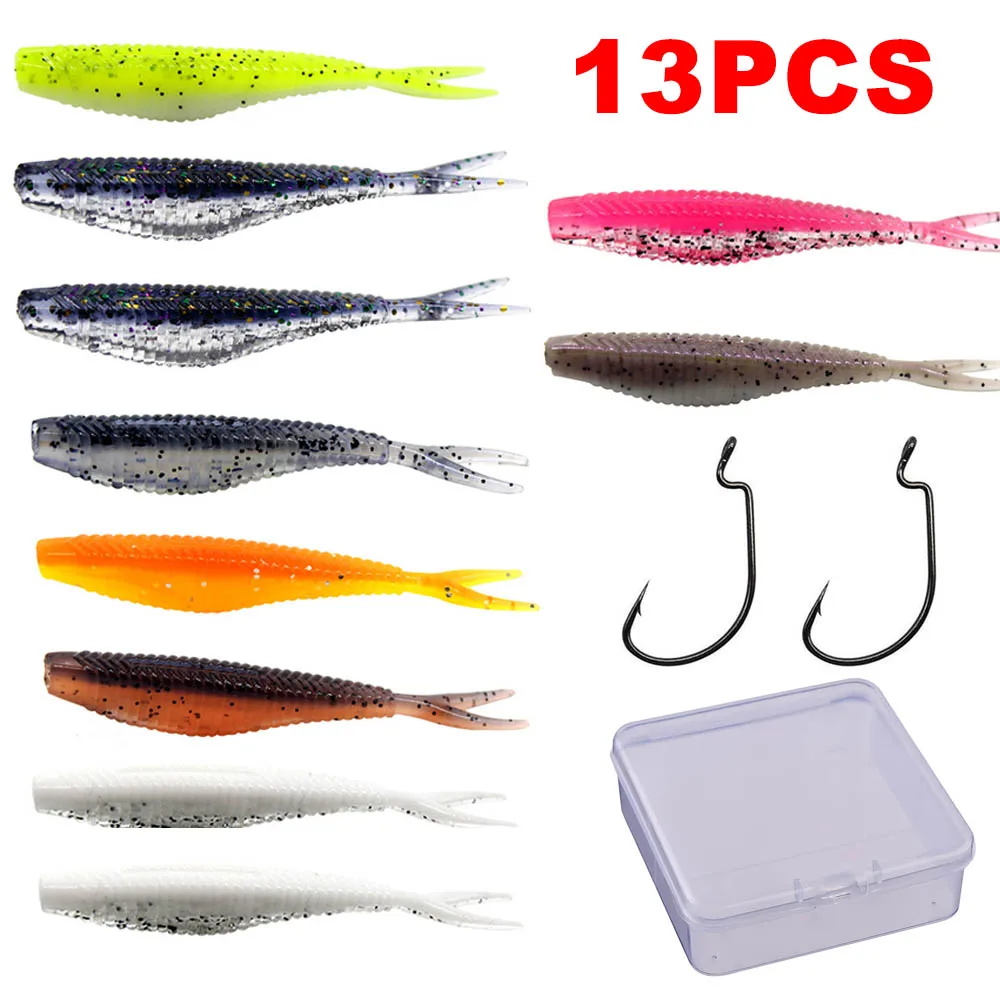 13Pcs Bionic Fish Soft Bait Fishing Gear 10PCS Soft Bait 2 Curved Hooks with Box 7cm Swimbait Outdoor Camping Equipment
