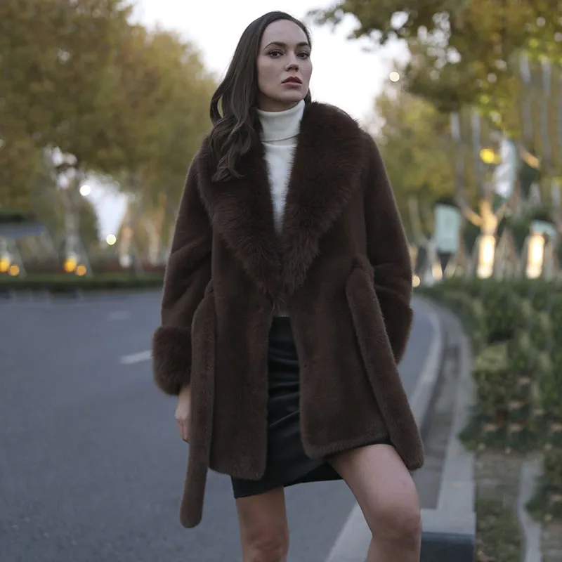 Winter Vintage Brown Fluffy Faux Mink Fur Coat With Belt Elegant Luxury Chic Thick Warm Soft Women Jacket Furry Overcoat