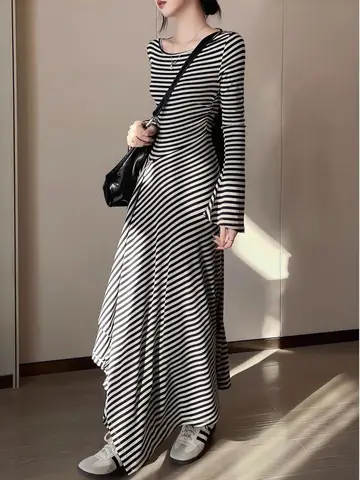 Women's Long Sleeve Striped Casual Midi Long Dress