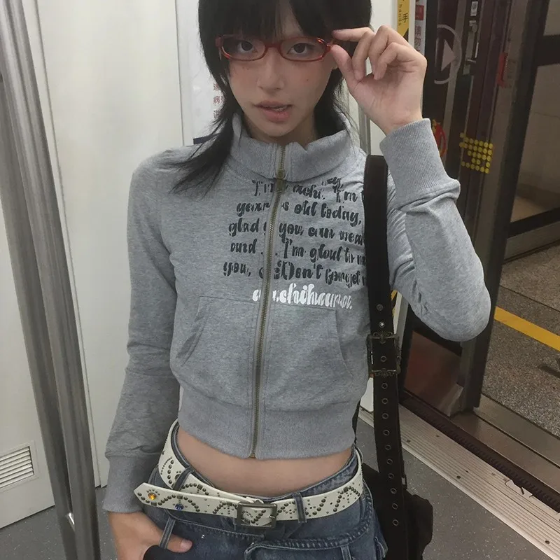 Karrram Japanse Y 2K Cropped Jasje Vintage Harajuku Korte Jas Amerikaanse Retro Brief Print Rits Sweatshirt Grunge Bovenkleding