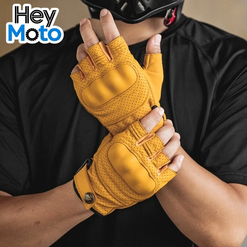 

Retro Leather Motorcycle Half Finger Gloves Summer Antiskid Breathable Gloves Touchscreen Motocross Gloves Hard Shell Protection