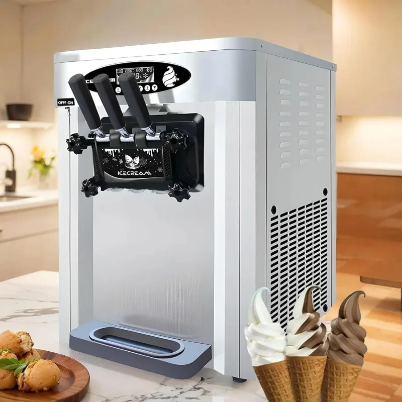 

Commercial Soft Serve Ice Cream Machine, 2000W Countertop Ice Cream Maker, 6.6~7.9 Gal/H Yield, 2x6L Hopper, 3 Flavors