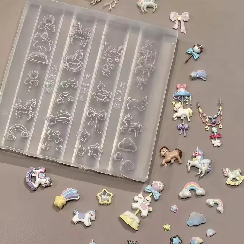 Dreamy Unicorn Rainbow Horse Bowtie Candy Bean   3D Acrylic Nail Mold Hand Engraving Mold Nail Art Decorations Silicone Nail Art view 2