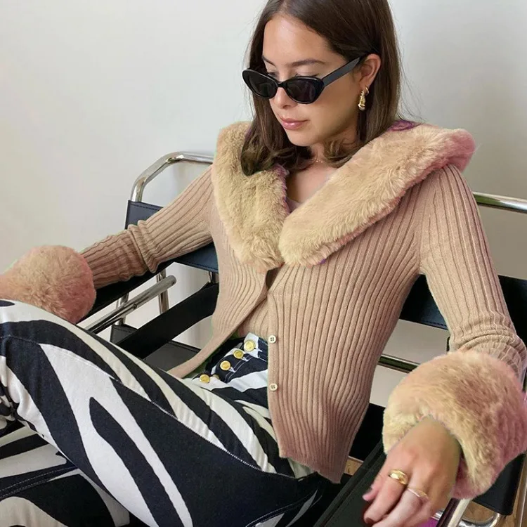 Fashion Casual Sexy Fur Collar Knitted Tops Women Y2k Slim Fit Long Sleeved Cardigan 2024 Early Autumn New Sweaters Mujer