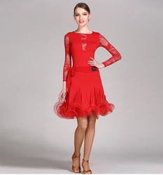 Standard Latin Dance Skirt Women Long Sleeve Lace Tango Rumba Samba Red Latin Dress Adult Latin Competition Dancing Dresses