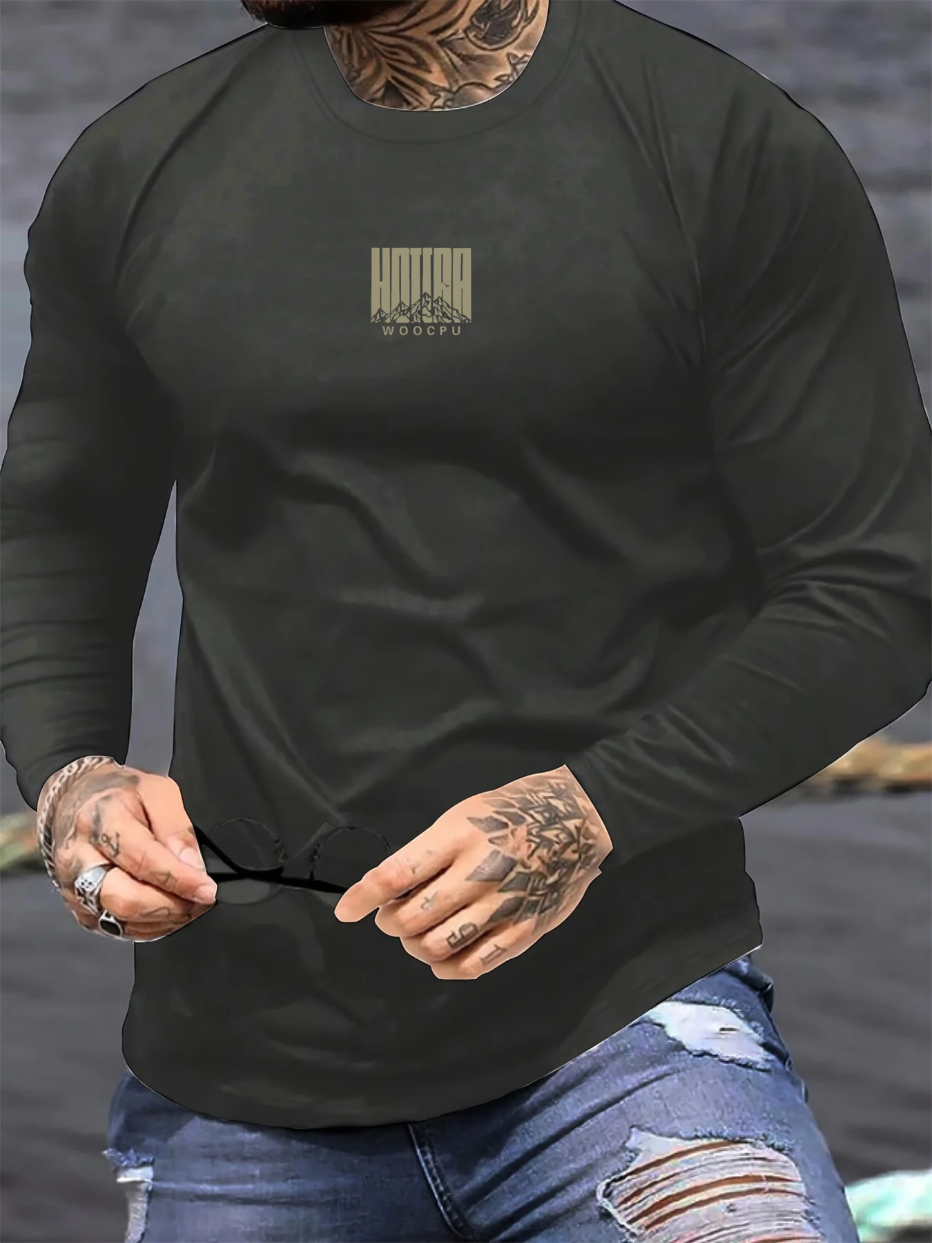 Men's 100% pure cotton loose, comfortable, casual and fashionable WOOCPU letter pattern printed round neck long sleeved T-shirt