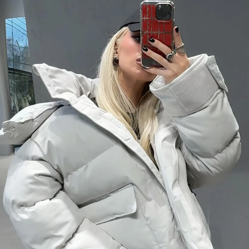 Kapuzenjacke mit Großen Taschen, Übergroße Gefütterte Jacken für Damen, Street-Style, Stehkragen, Lange Ärmel, Reißverschluss, Einfarbig, Lose Pufferjacken, Neue Oberbekleidung – Detail 13