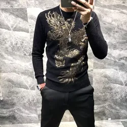 Suéter de malha de strass masculino, pulôver casual, jumper quente, malha, inverno